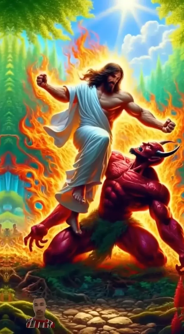 a painting of jesus standing on a demon