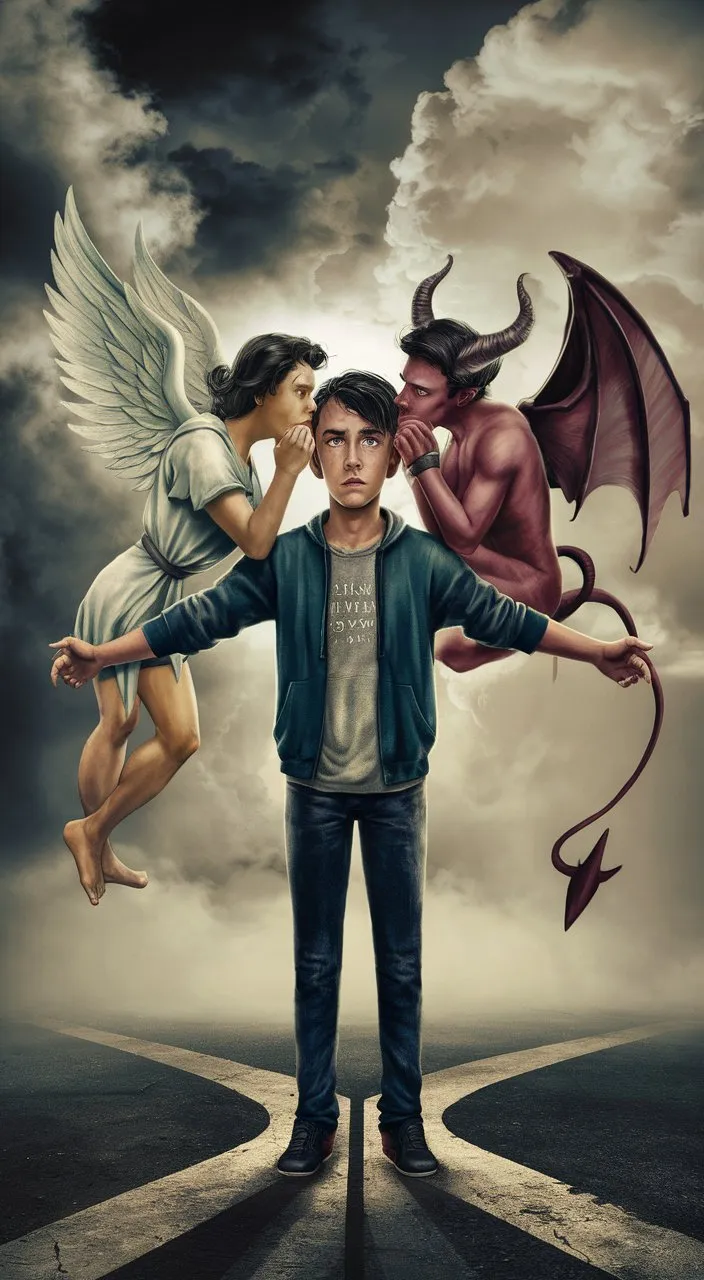 animation  realistic A young man at a crossroads, with an angel and a devil on either side, whispering advice into his ears.