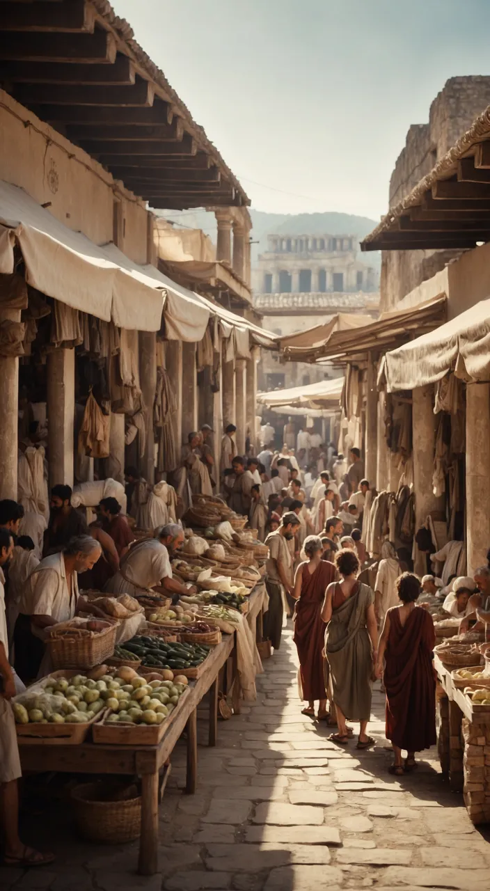 a group of people standing around a market