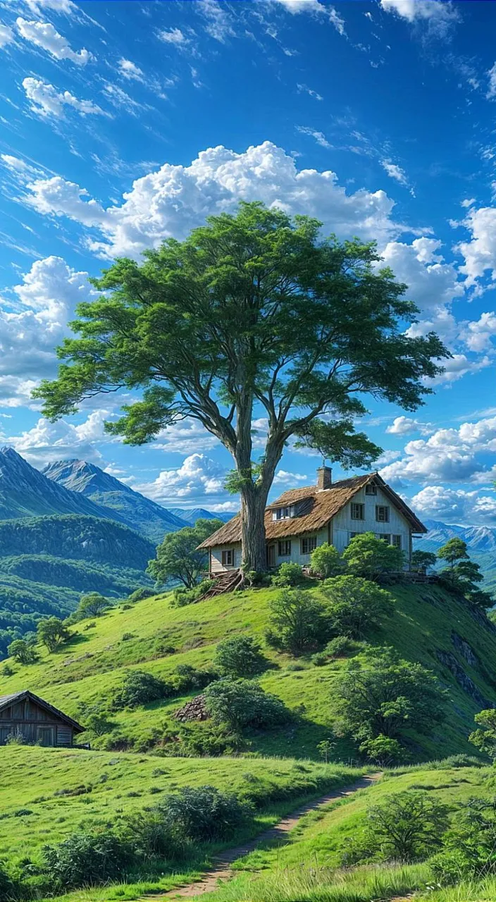 a house on a hill with a tree on top of it