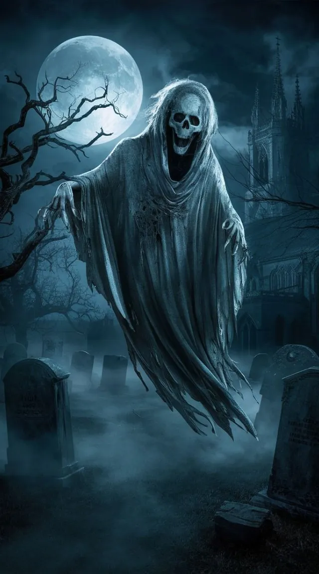 a skeleton in a graveyard with a full moon in the background