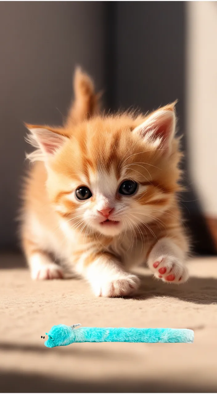 A small orange and white kitten playing with a toothbrush on a sunny window sill