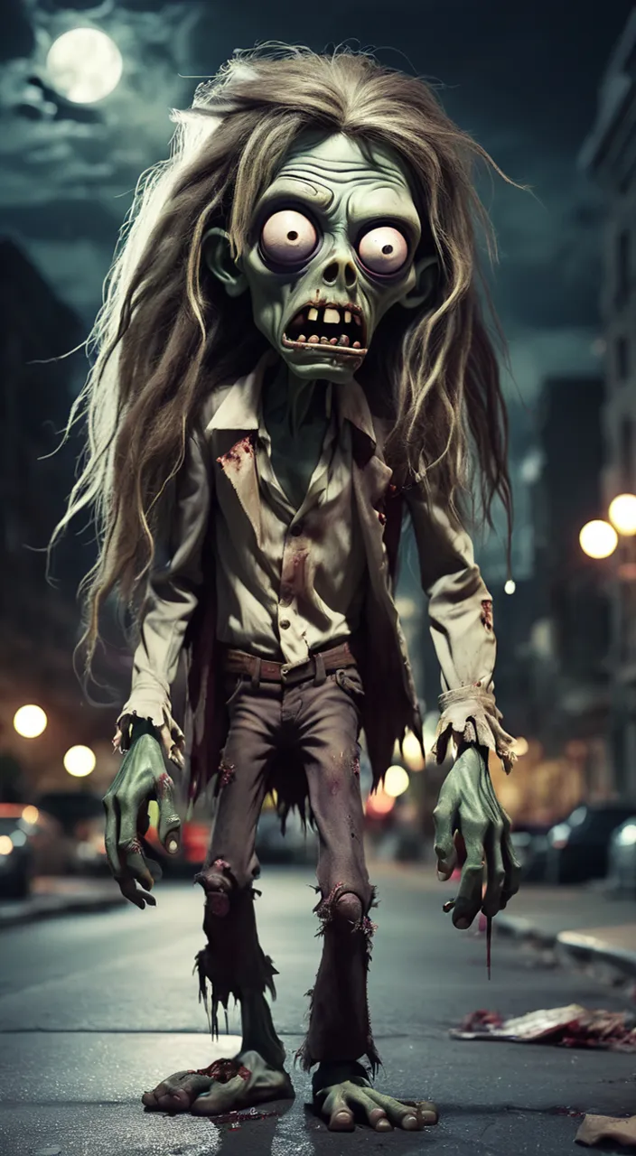 a zombie walking down a street at night