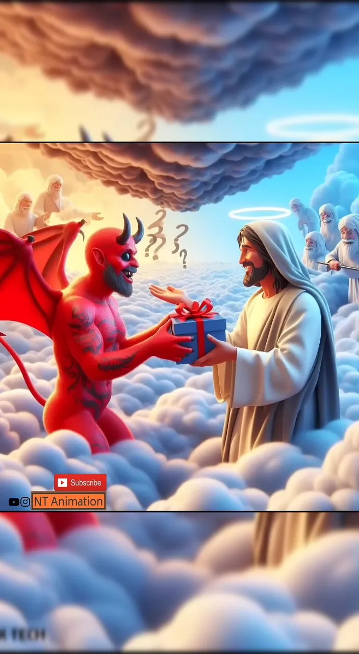 a painting of a devil giving a demon a gift