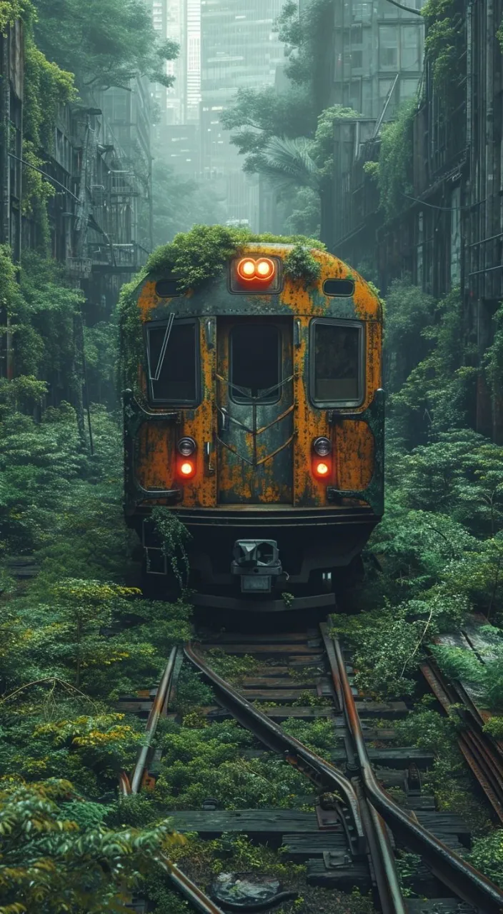 a train traveling through a lush green forest