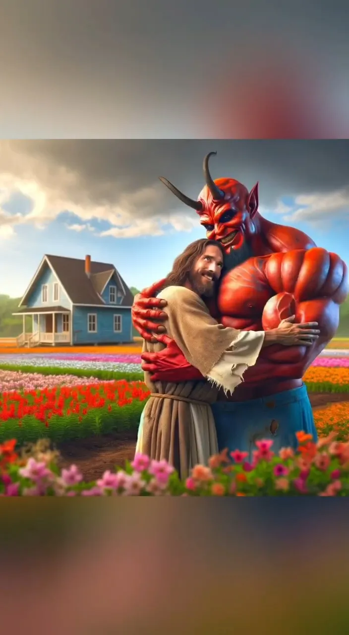 a painting of a man hugging a demon in a field of flowers