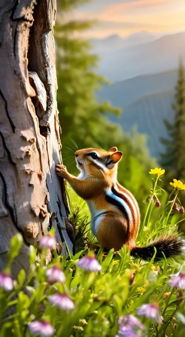 a painting of a squirrel scratching its back against a tree