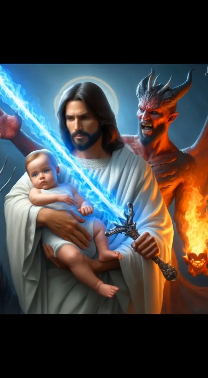 a painting of jesus holding a baby in his arms