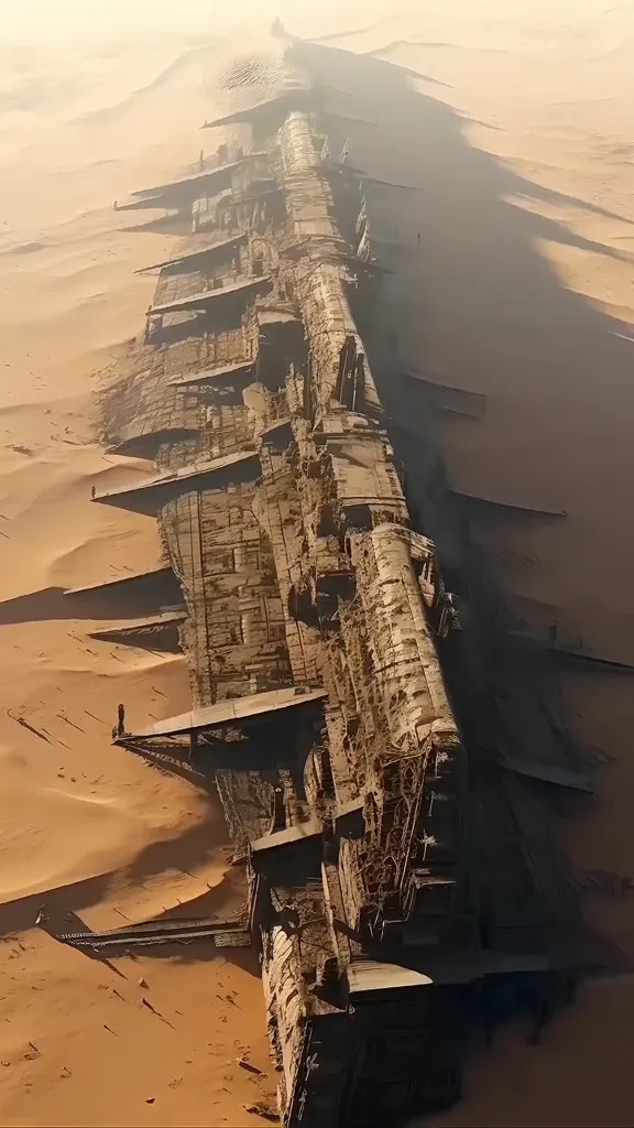 a large ship in the middle of a desert