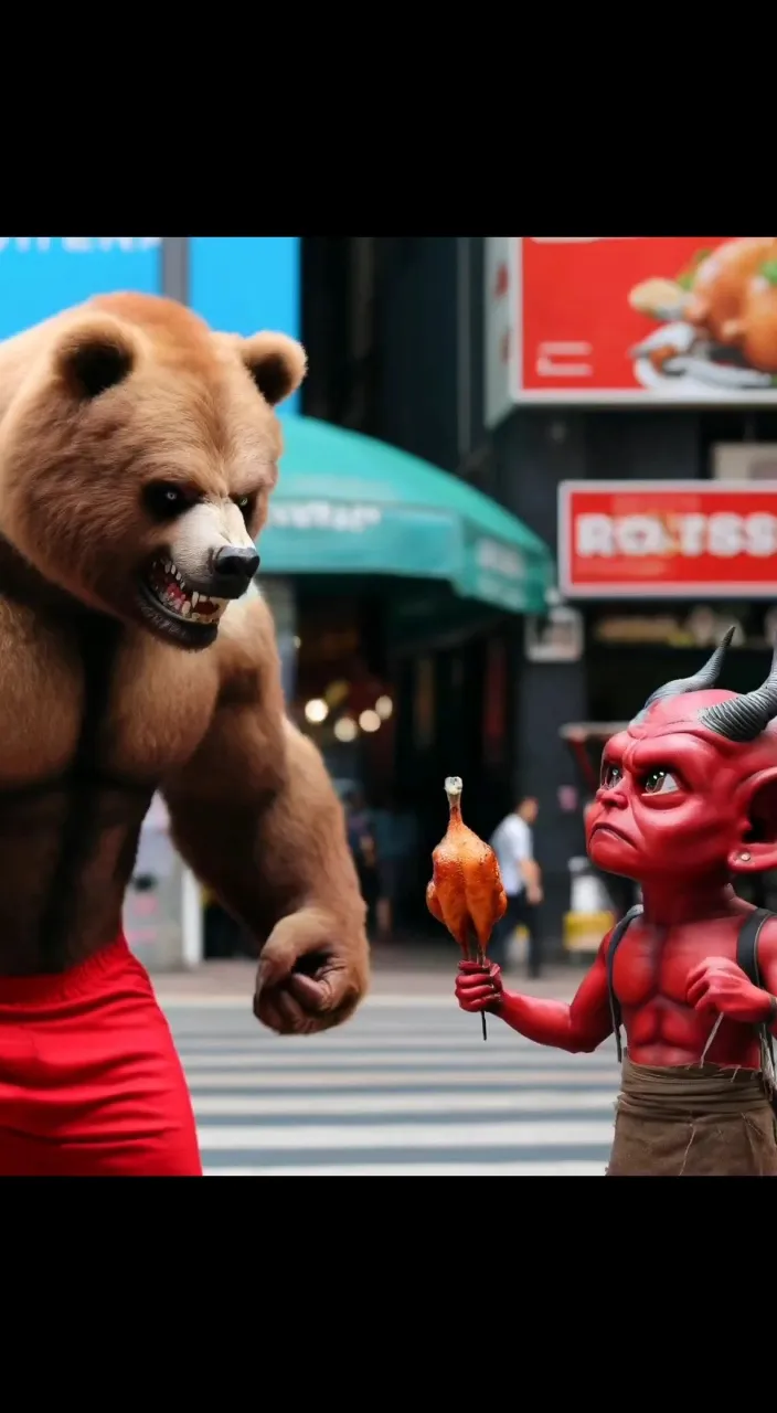 a bear and a demon are standing in the street