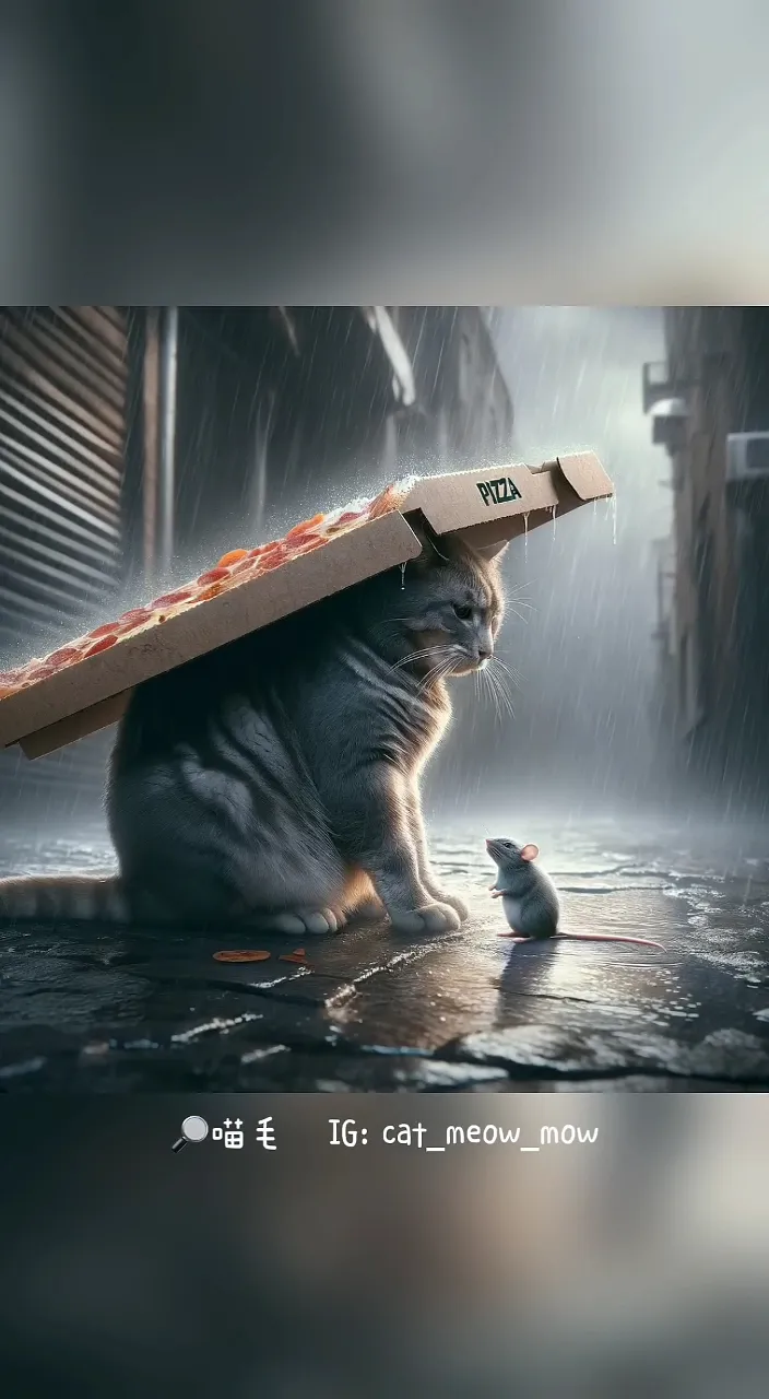 a cat sitting on the ground with a pizza box on its head