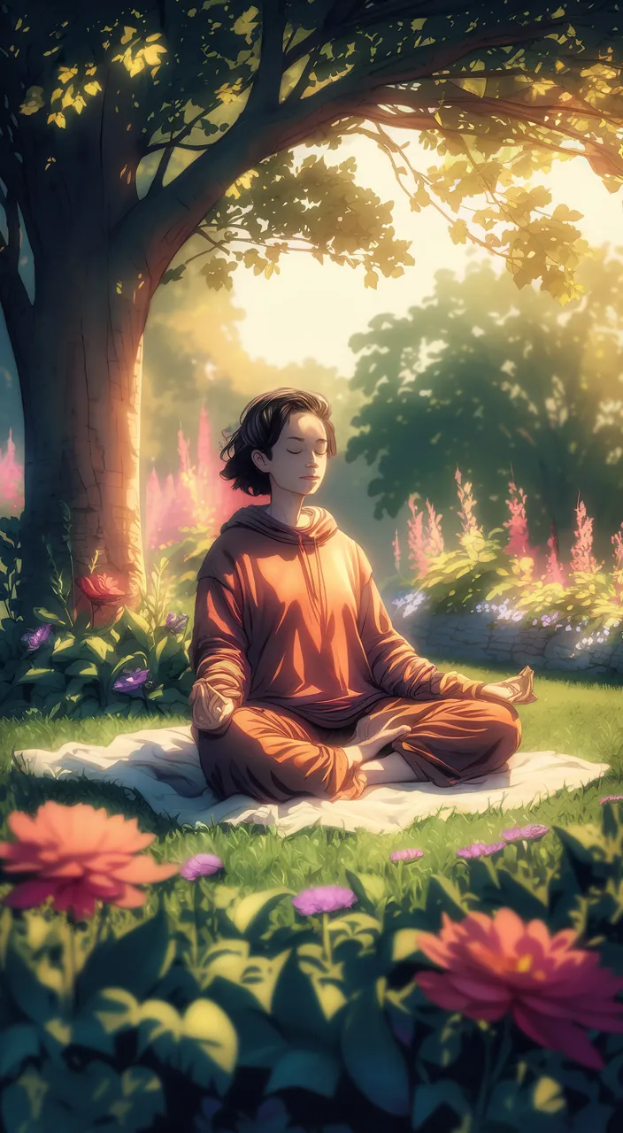 a person sitting on a blanket in a field of flowers