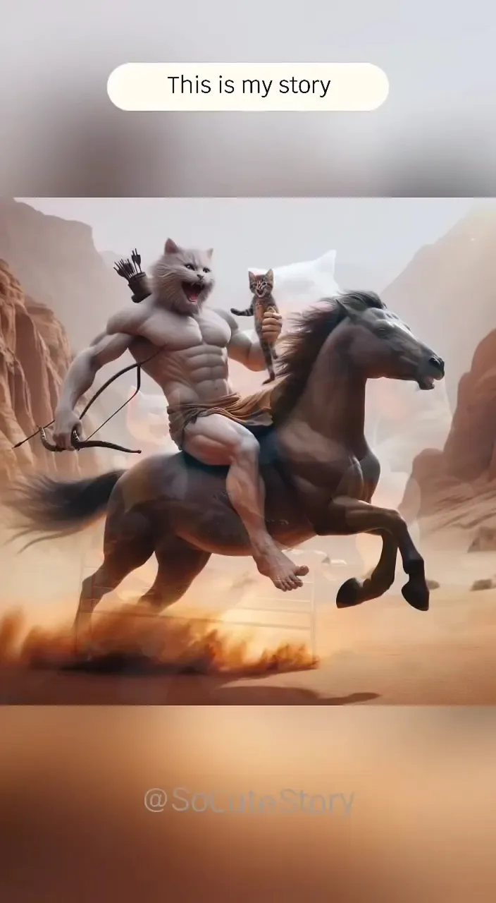 a picture of a man riding a horse with a cat on his back