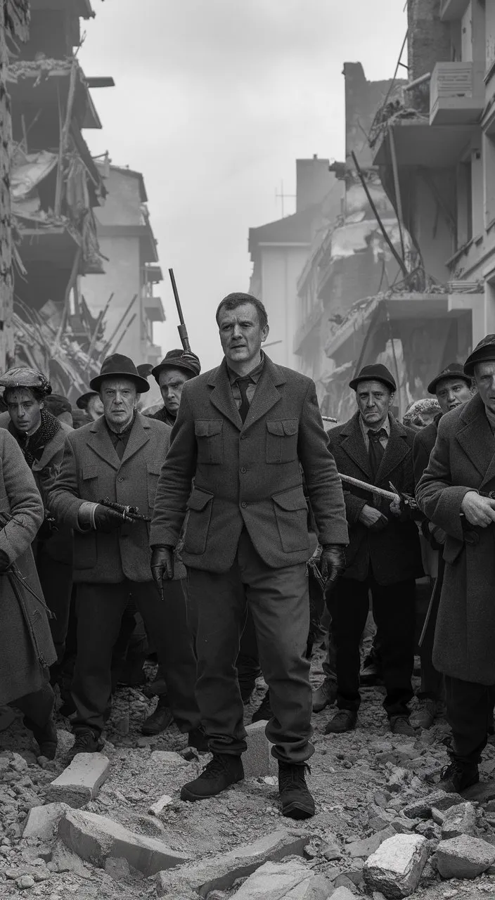 a black and white photo of a man with a gun