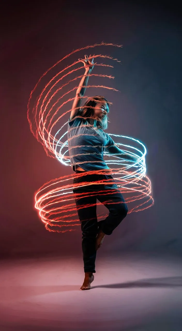 a woman is dancing with a light painting effect