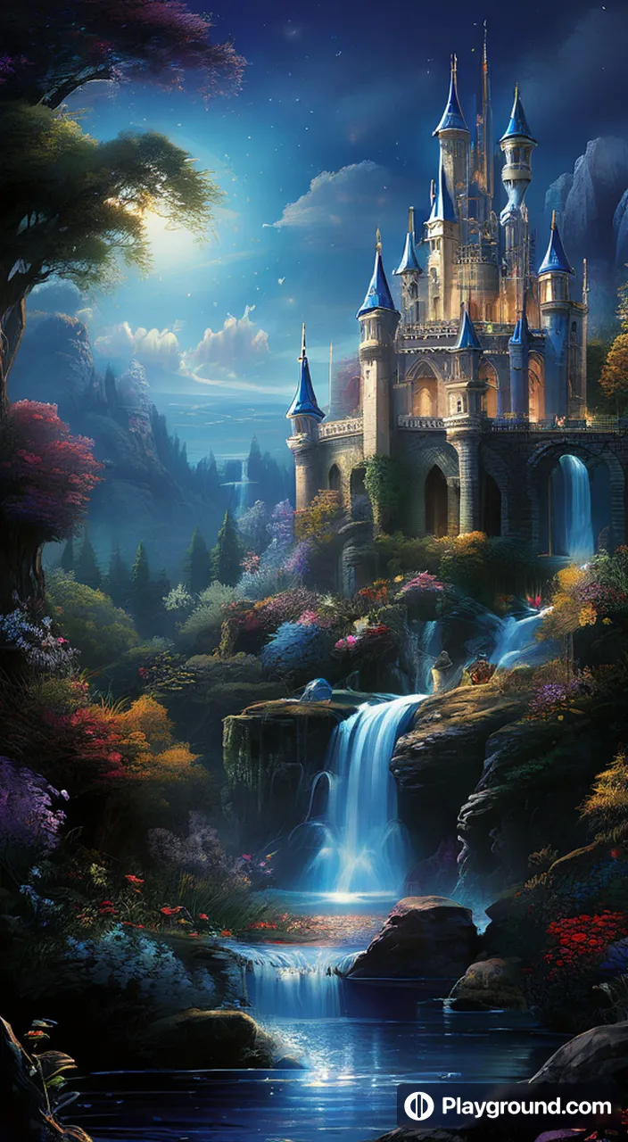 a painting of a castle by a waterfall