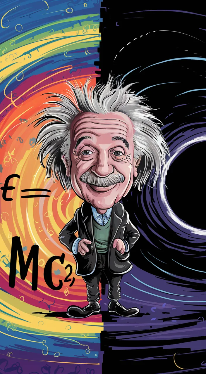 a caricature of a einstein standing in front of a black hole