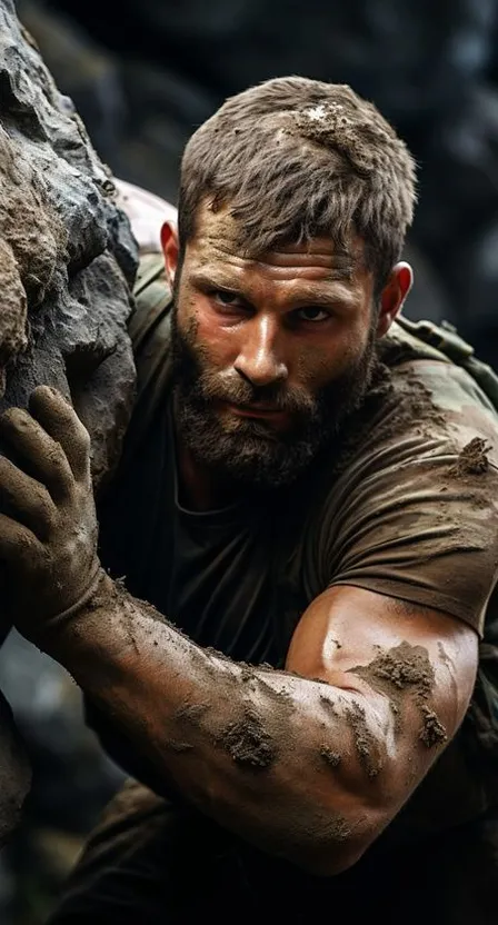 a man with mud on his face climbing a rock