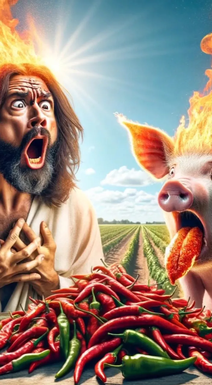 a man and a pig are in front of a pile of hot peppers