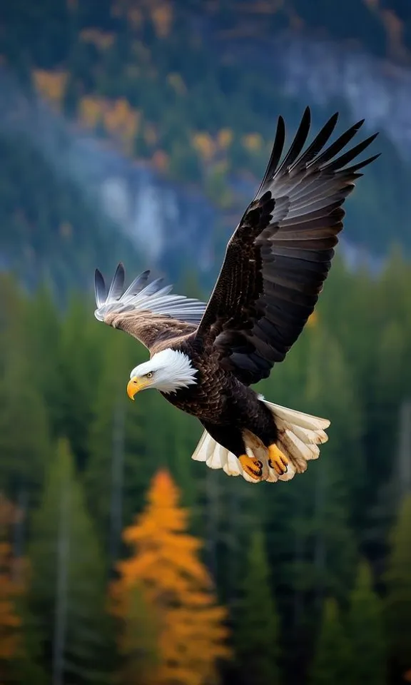 a bald eagle flying over a forest filled with trees