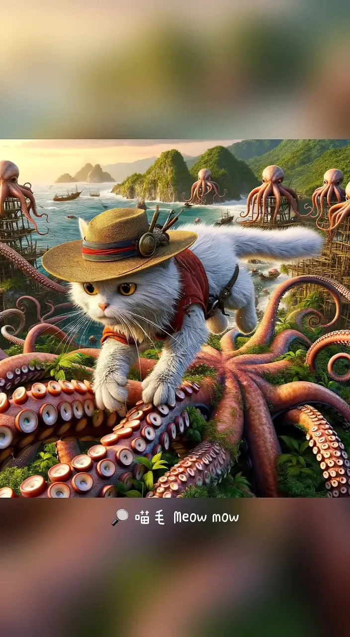 a painting of a cat wearing a hat and holding an octopus