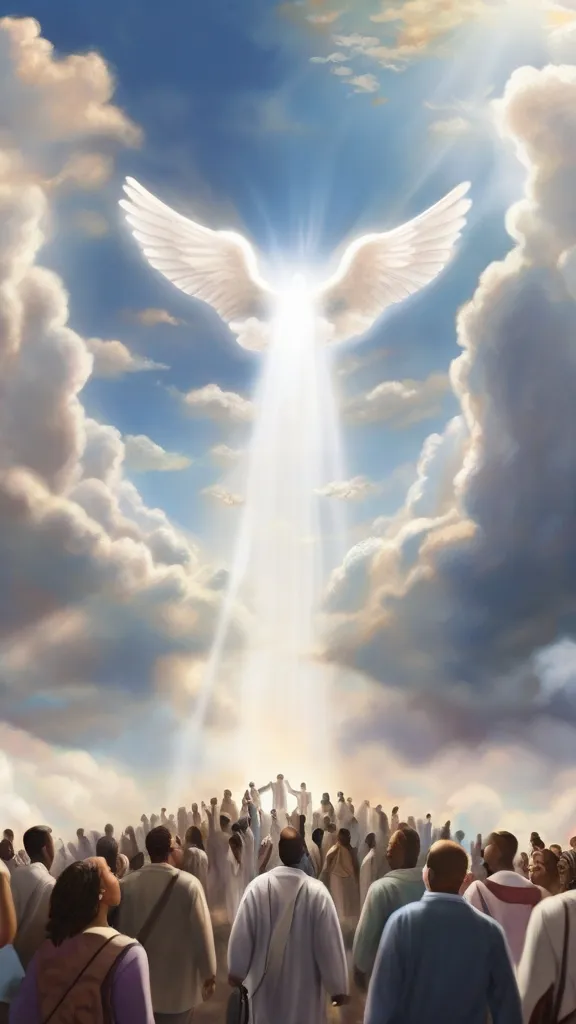 a painting of a large group of people standing in front of an angel