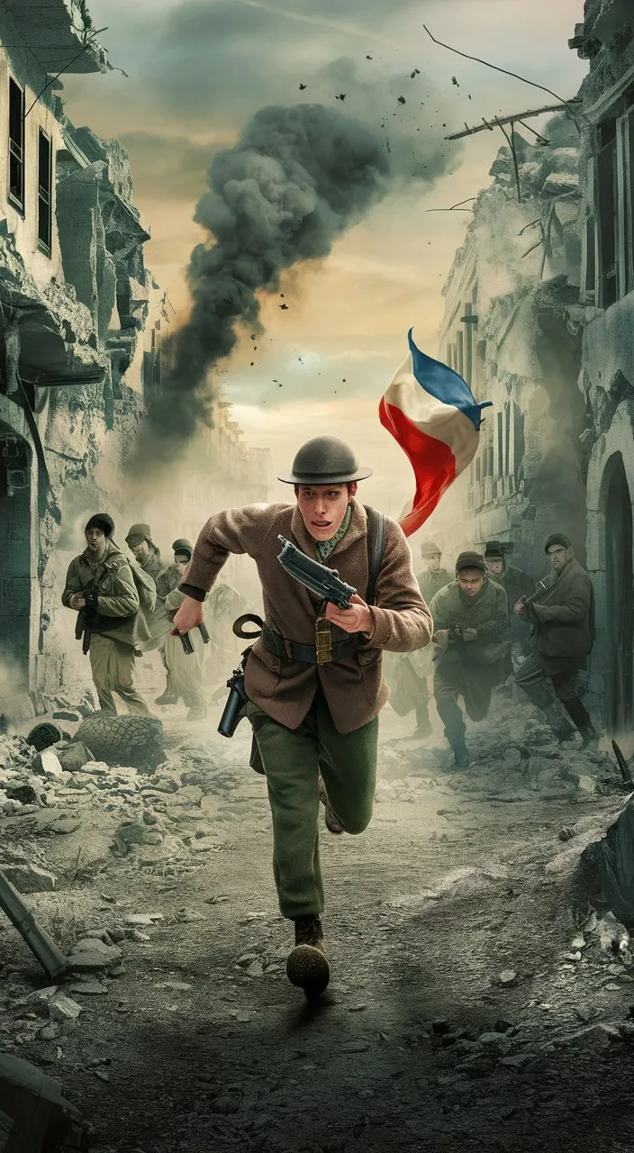 a movie poster with a man running in the street