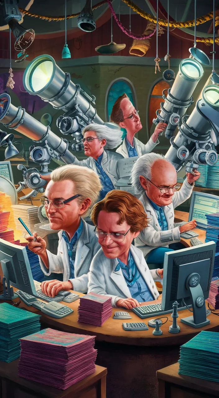 a painting of a group of people working on computers