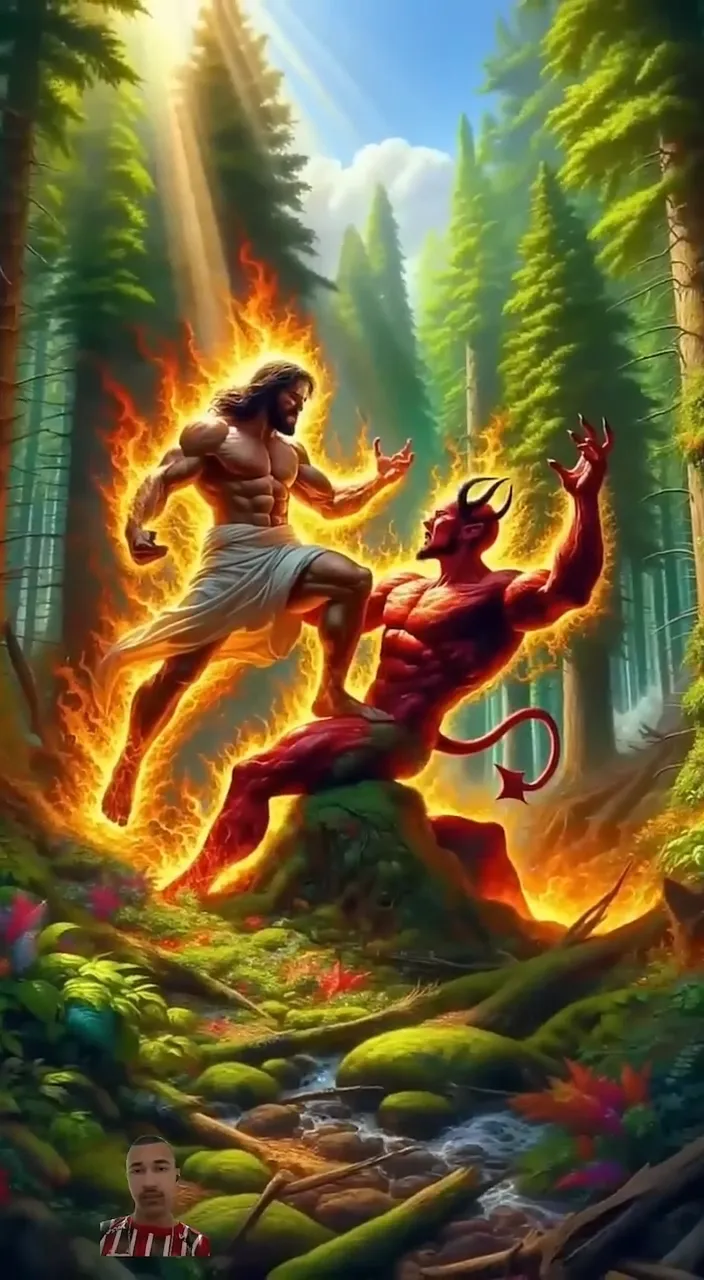 a painting of a demon attacking a demon in the woods