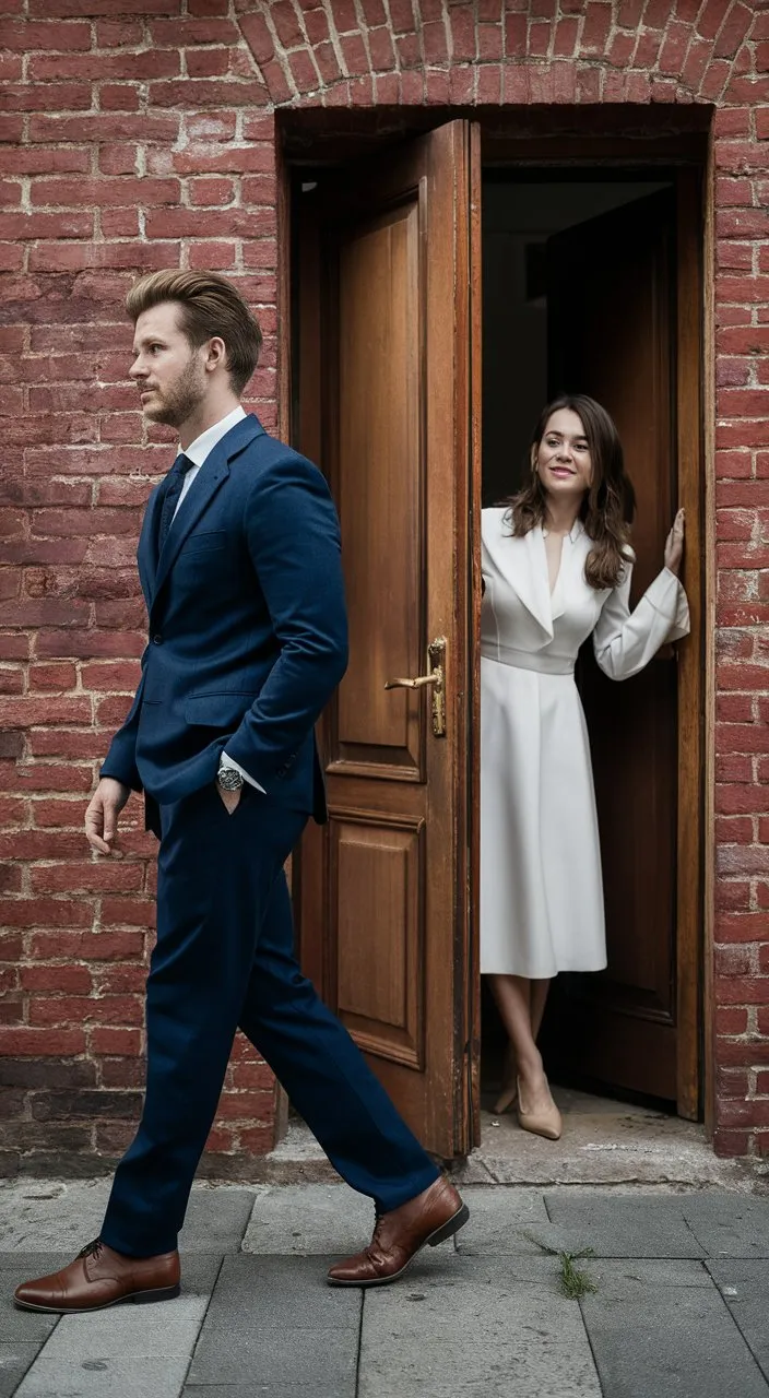 image of man walking away while his beloved woman surprisingly appears at the door