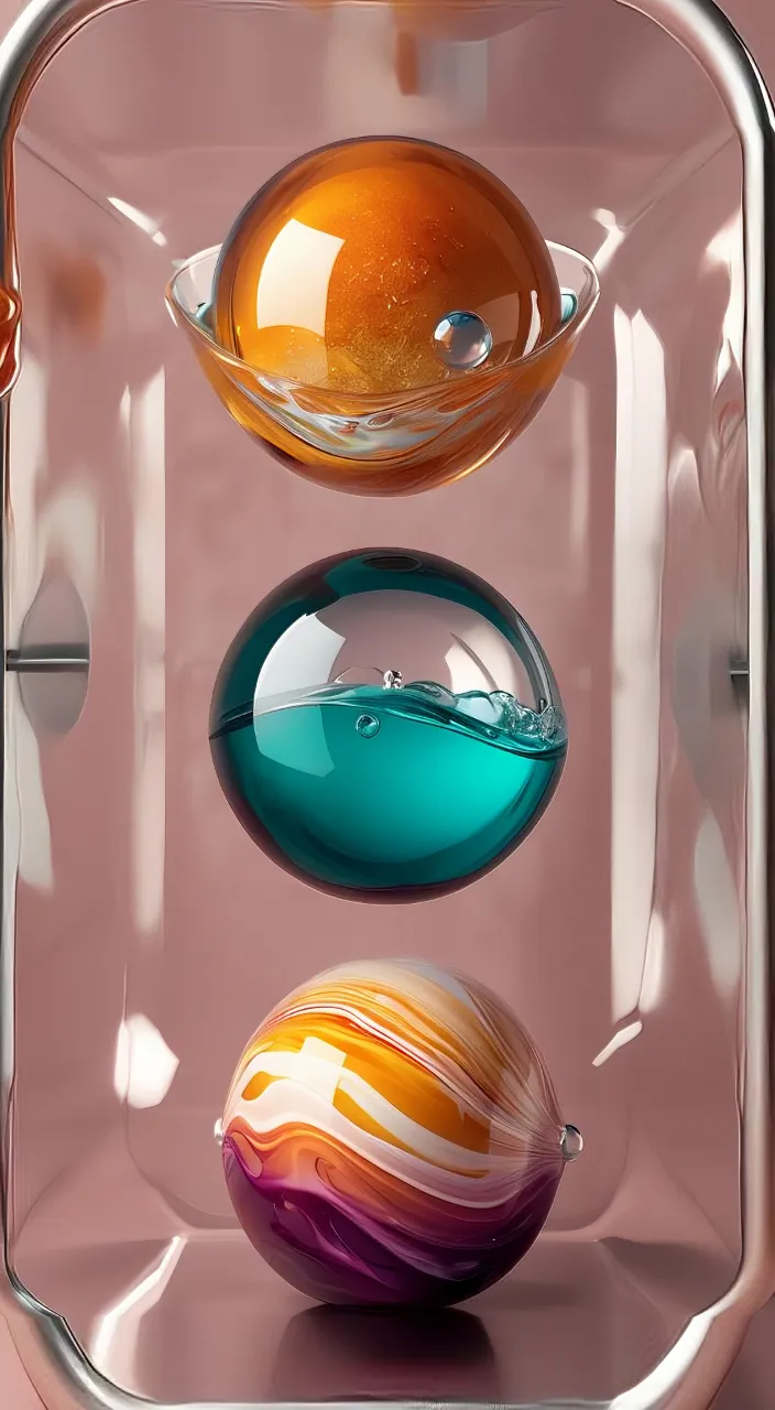 three different colored balls in a glass container