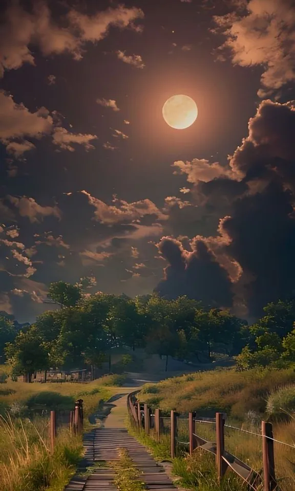 a pathway leading to a full moon in a cloudy sky