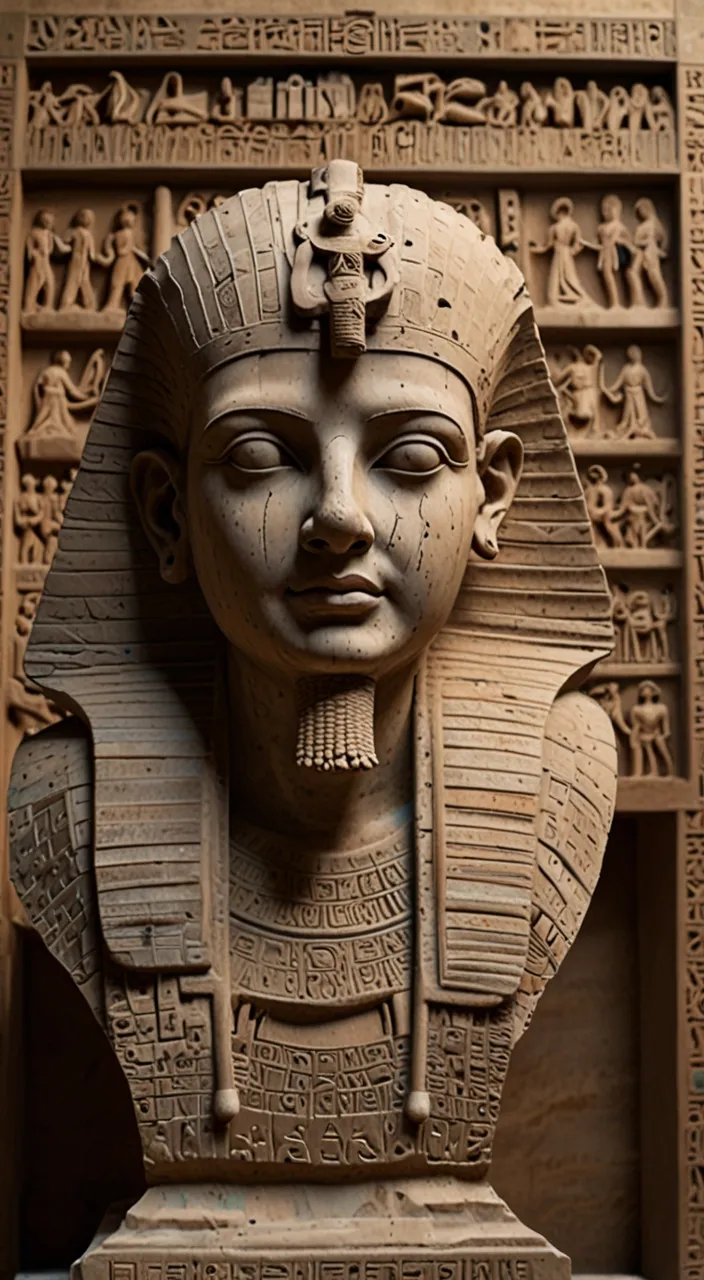 a statue of an egyptian queen in front of a wall