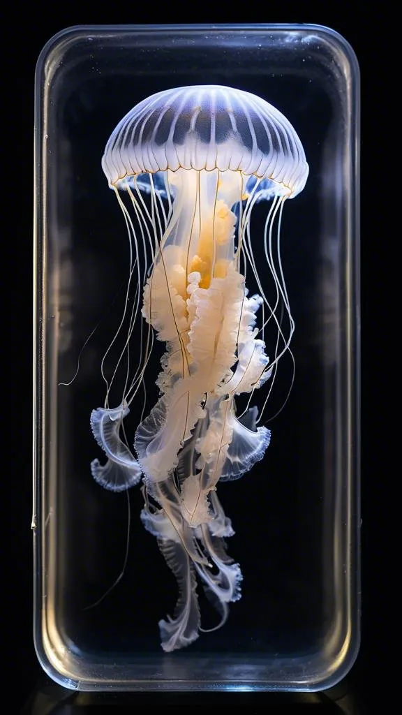 a white jellyfish in a clear container on a black background