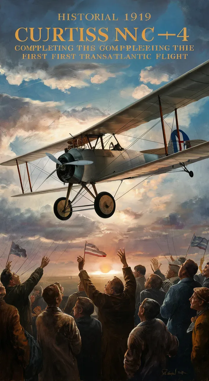 a painting of a plane flying over a crowd of people