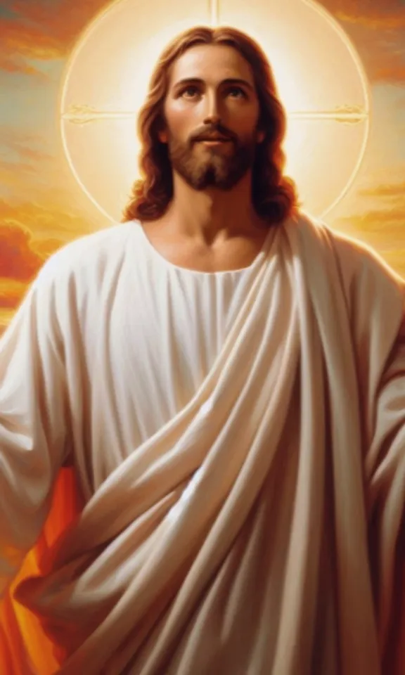 a painting of jesus with the sun in the background