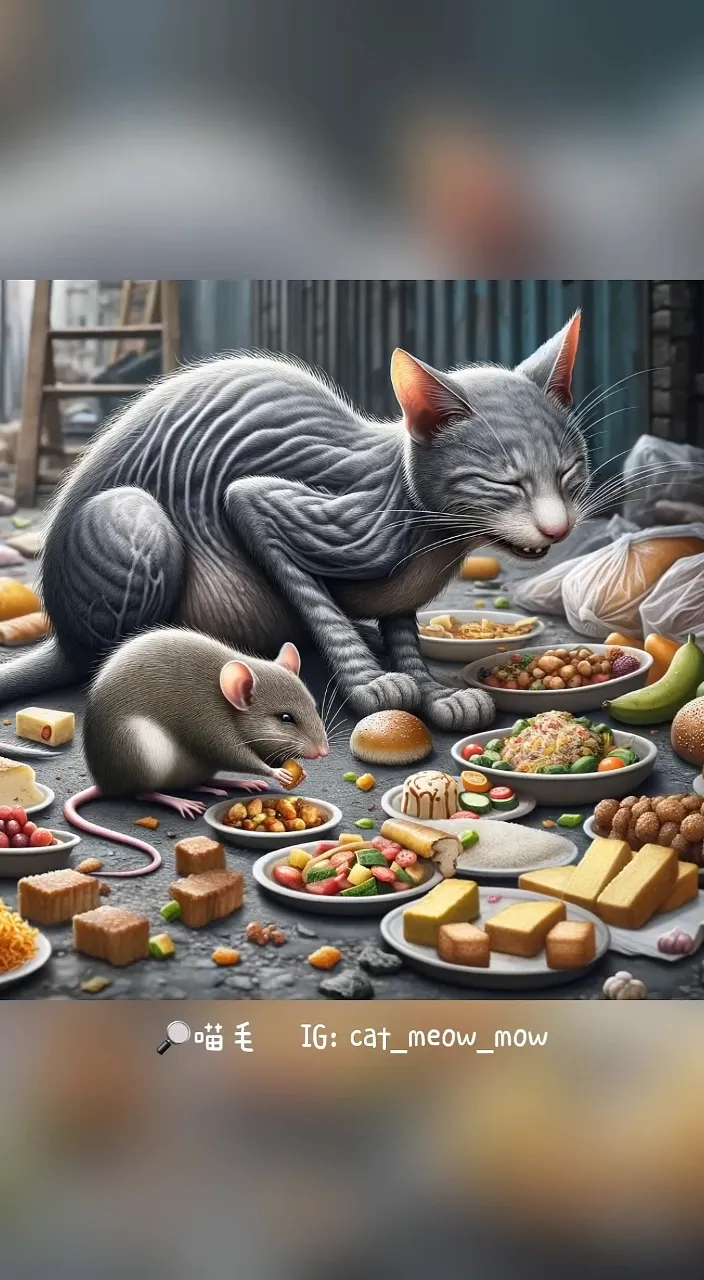 a painting of a cat and a mouse eating food