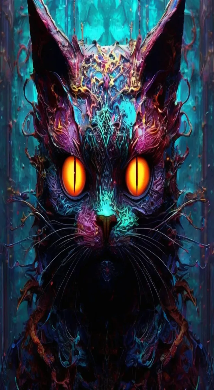 a painting of a cat with glowing orange eyes