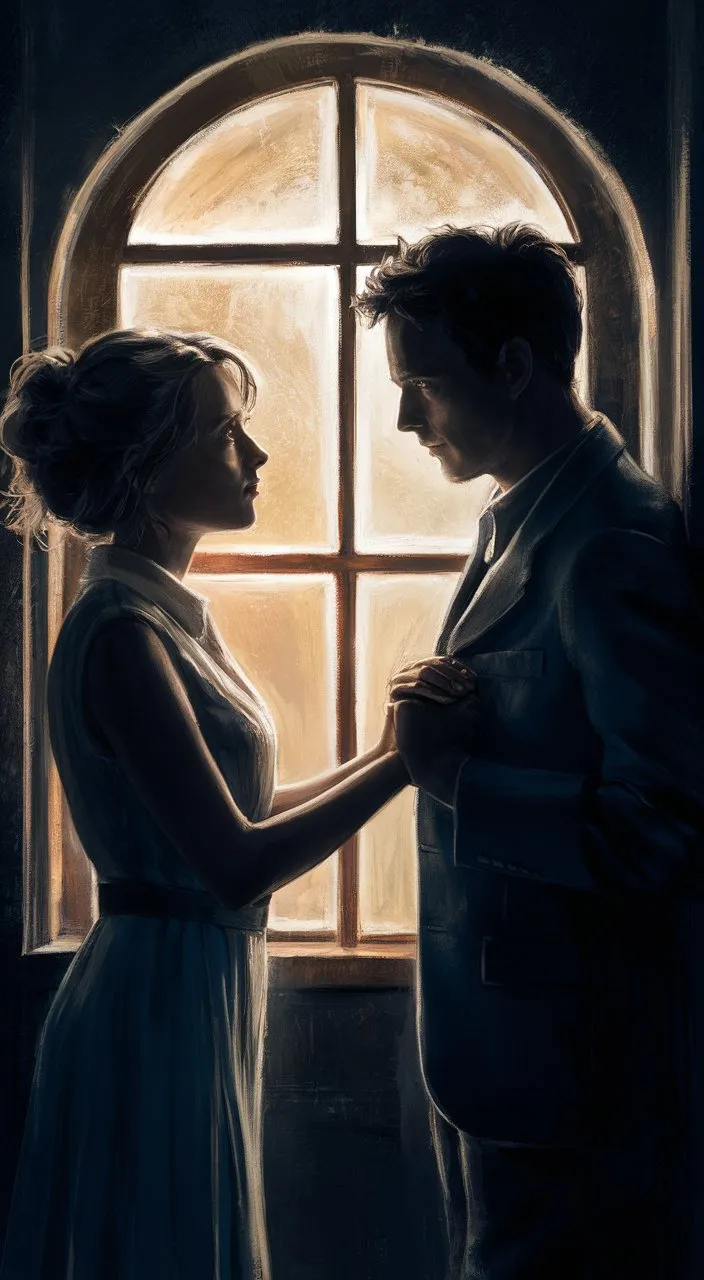 The woman suddenly stops when she meets the gaze of a mysterious man who stands out against the glow of an illuminated window.  Their connection is immediate and palpable.