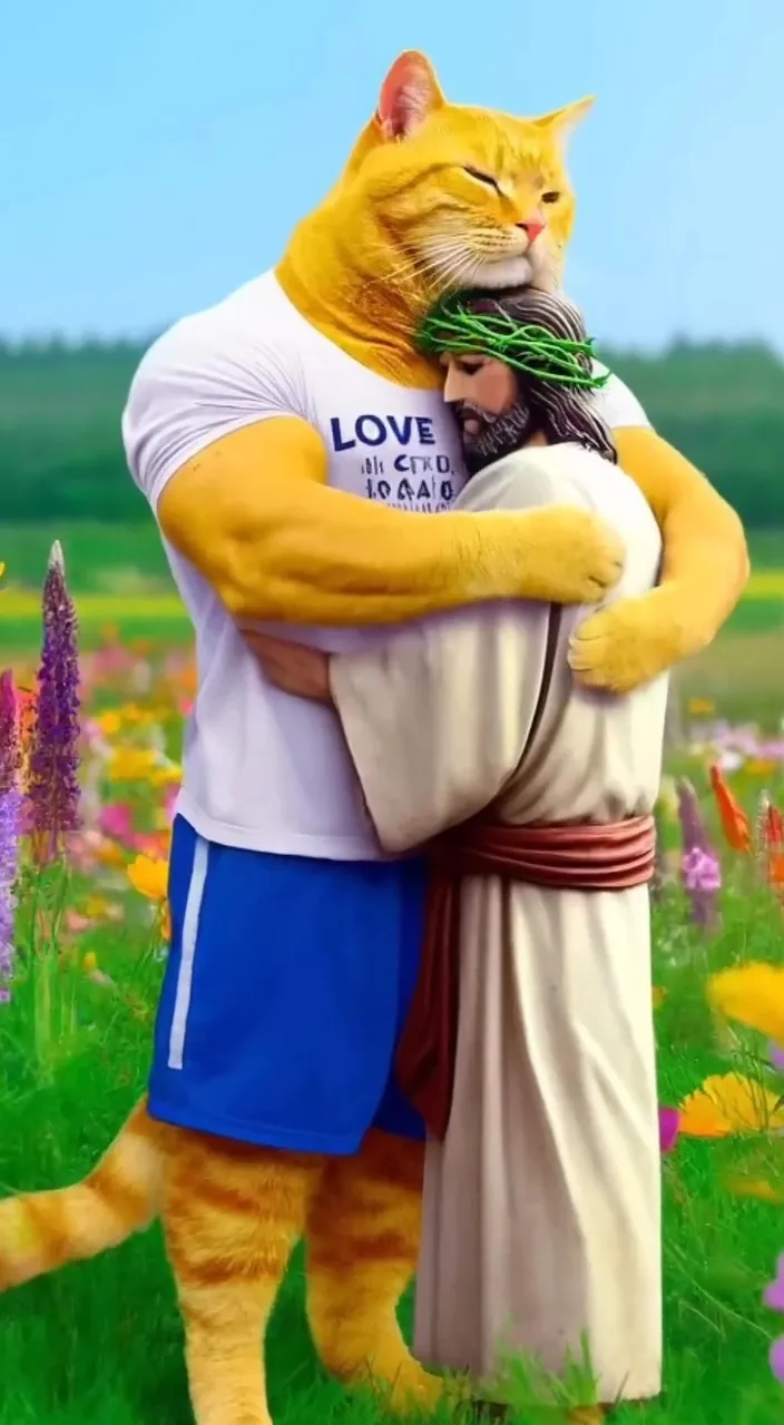 a cat hugging a man in a field of flowers