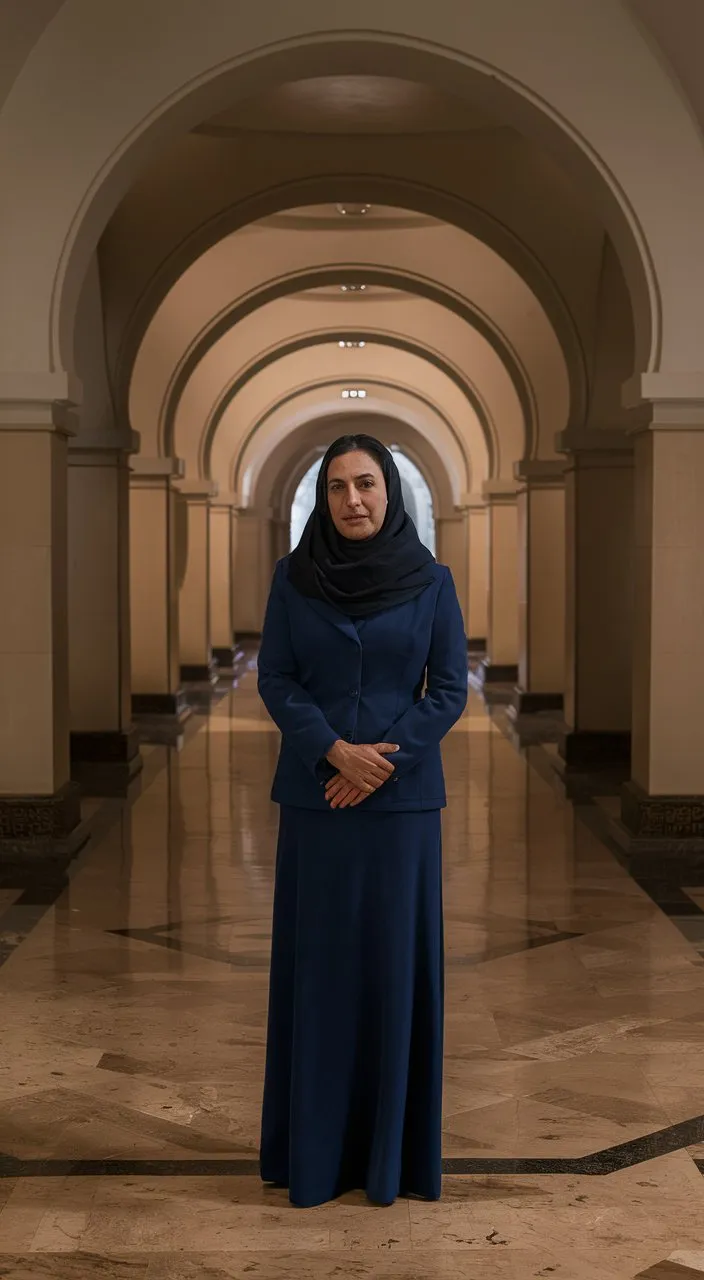 a woman in a blue dress standing in a hallway