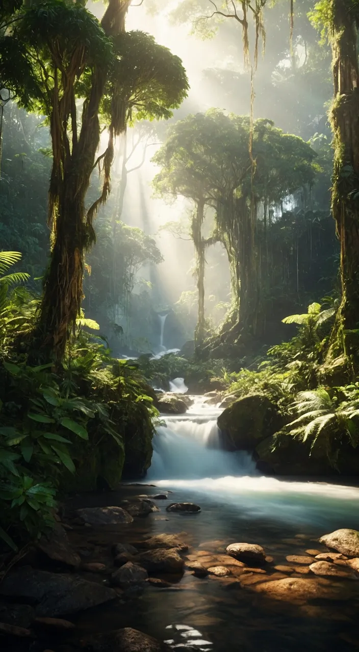 a stream running through a lush green forest