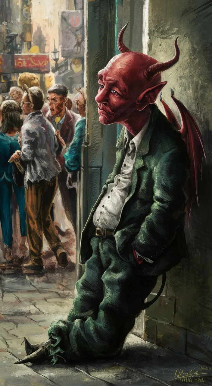 a painting of a man in a suit and devil mask