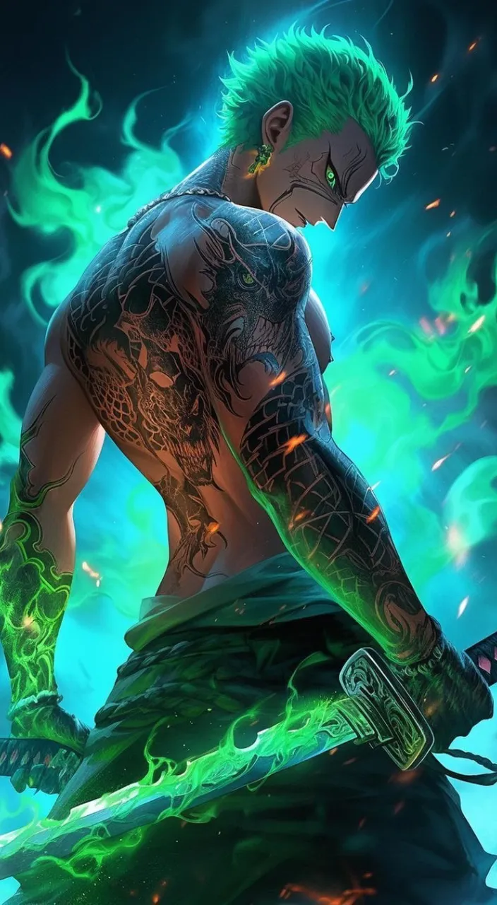 a man with green hair and tattoos holding a sword