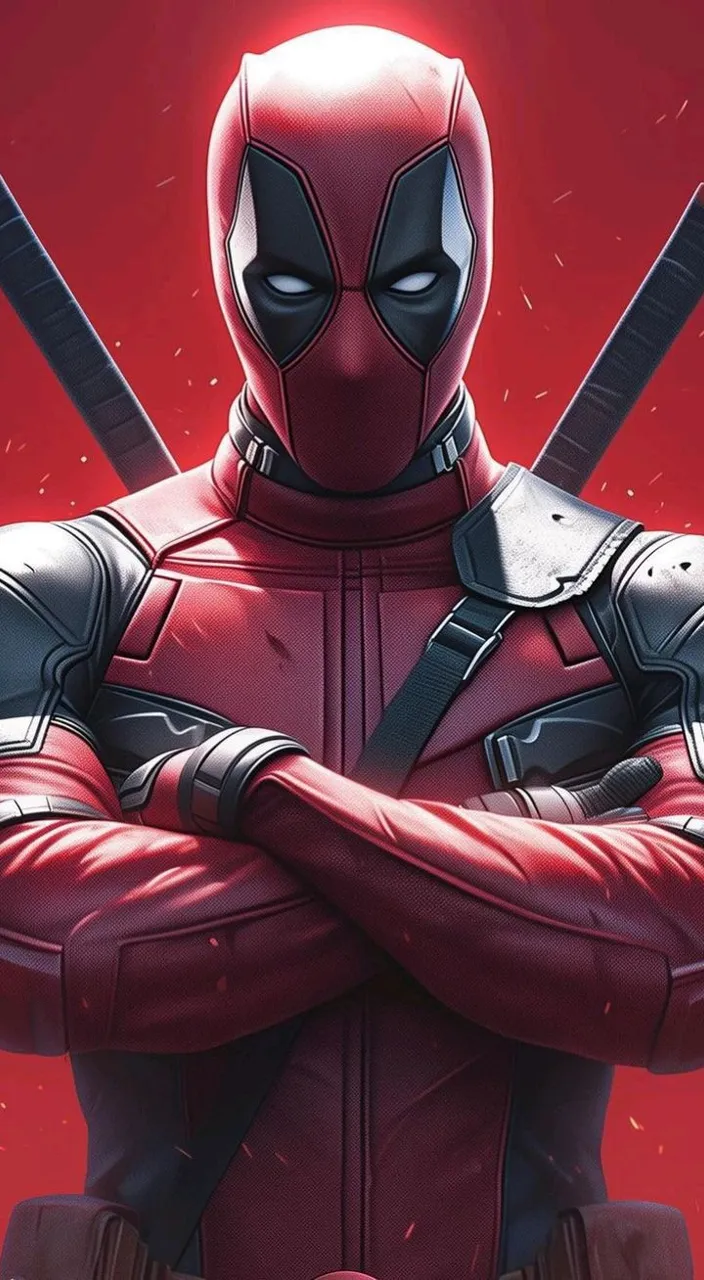 a man in a deadpool suit with two swords