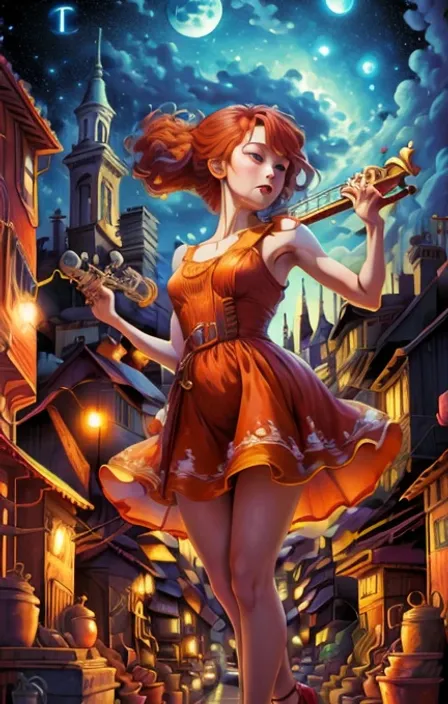 a woman in a red dress holding a violinon a rooftop with the city behind her on a starry night standing on a roof.