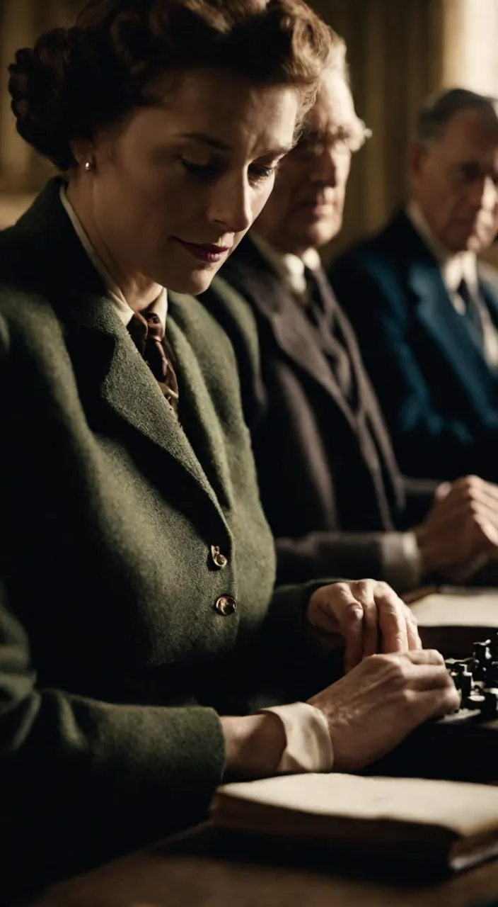 a woman sitting at a table typing on a typewriter