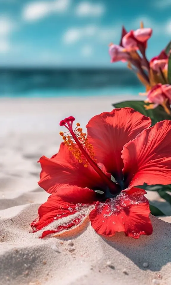 a red flower sitting on top of a sandy beach