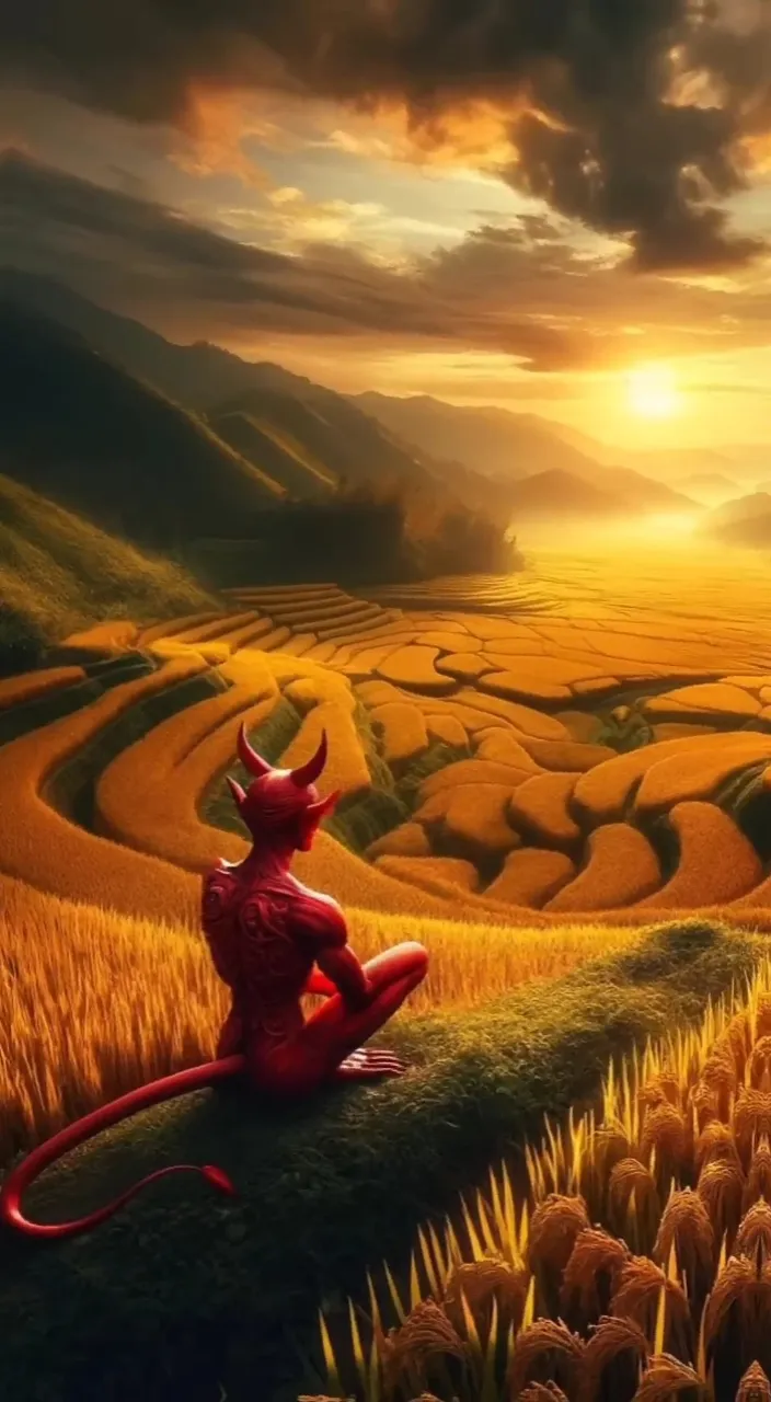 a painting of a demon sitting in a wheat field