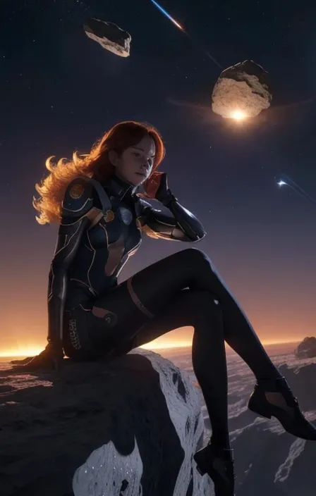 a woman sitting on top of a rock in outer space